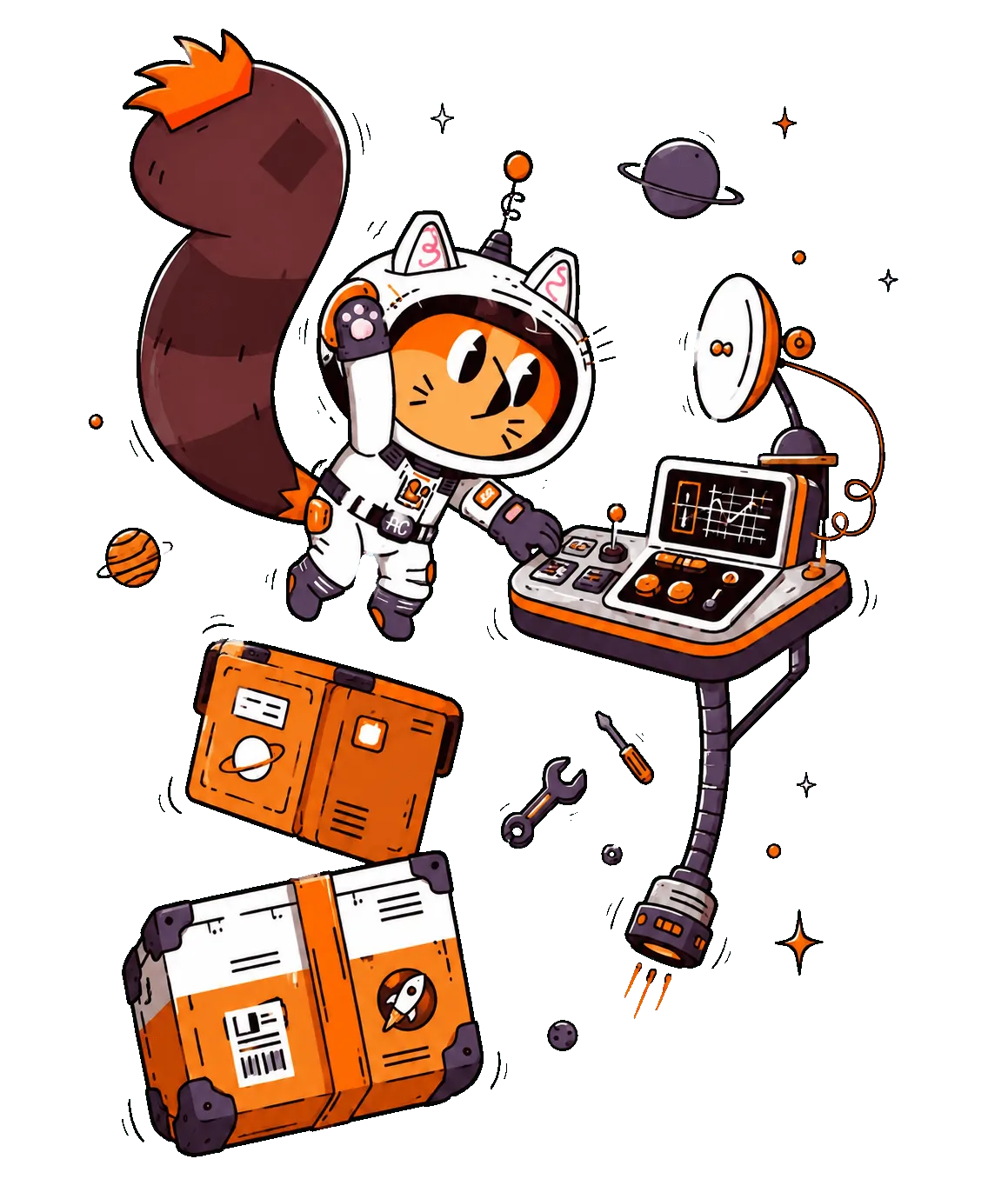 Shippy, the Shipaton astronaut, working at a floating console in space
